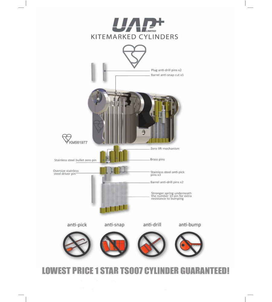 UAP Anti Snap 45/55 (100mm Overall) Euro Profile Nickle Cylinder lock - Image 2