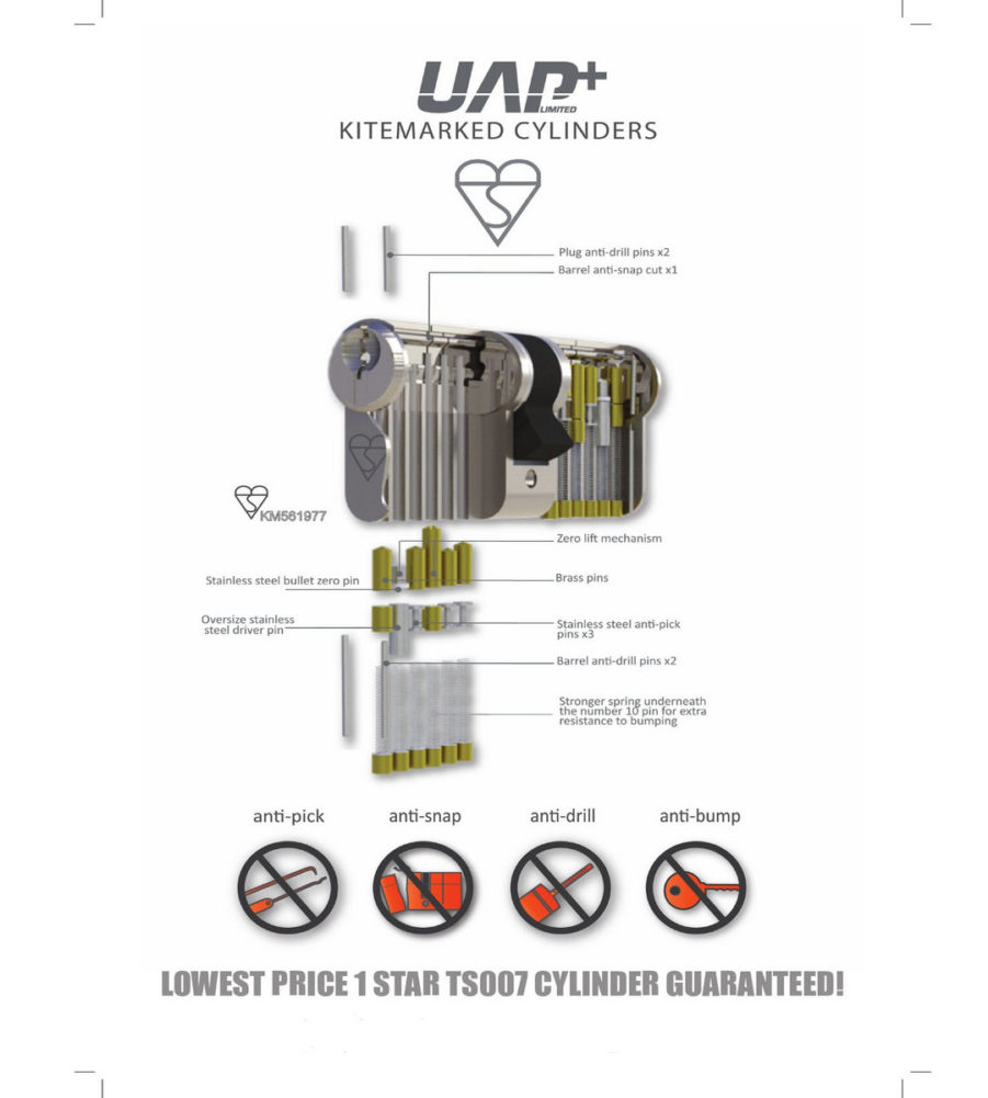 UAP Anti Snap 50/50 (100mm Overall) Euro Profile Brass Cylinder Lock - Image 2