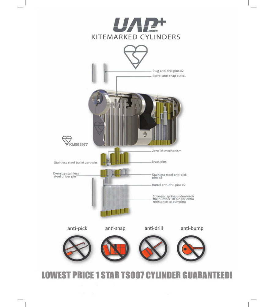 UAP Anti Snap Keyed Alike 50/50 (100mm Overall) Euro Profile Brass Cylinder (pair) - Image 2