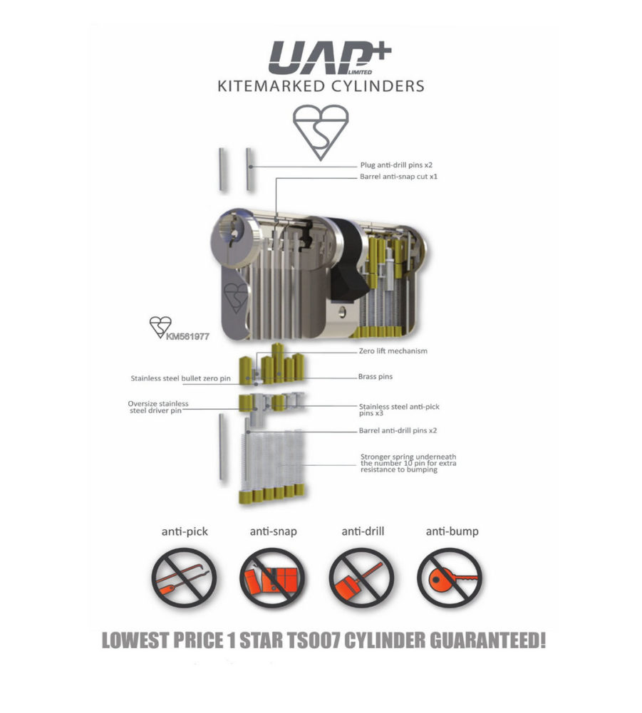 UAP Anti Snap Keyed Alike 45/55 Brass Euro Profile Cylinder (pair) - Image 3