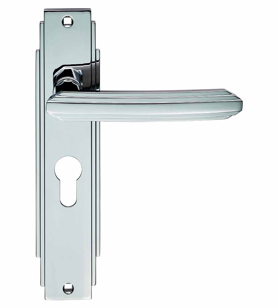 CARLISLE BRASS ADR011YCP ART DECO LEVER ON BACKPLATE - LOCK EURO PROFILE 47.5MM C/C  205 X 45MM - PAIR