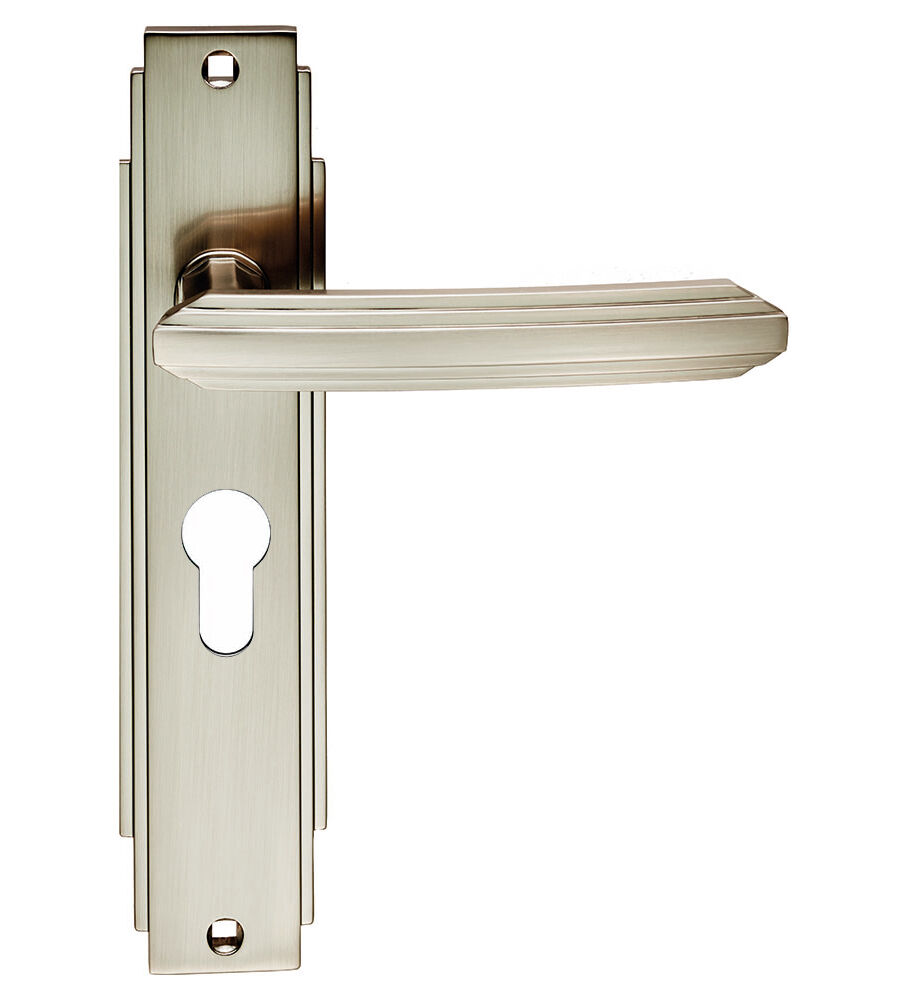 CARLISLE BRASS ADR011YSN ART DECO LEVER ON BACKPLATE - LOCK EURO PROFILE 47.5MM C/C  205 X 45MM - PAIR