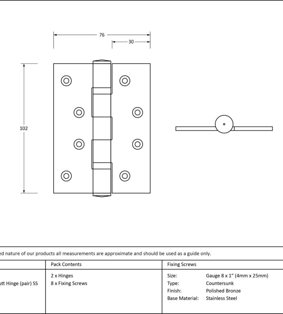 From The Anvil Polished Bronze 4" Ball Bearing Butt Hinge (pair) ss - Image 2
