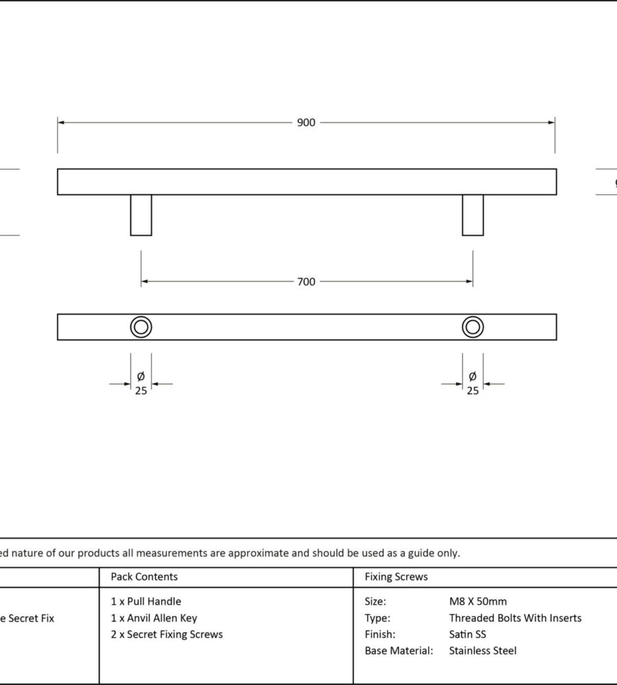From The Anvil Satin SS (316) 0.9m T Bar Handle Secret Fix 32mm Ø - Image 2