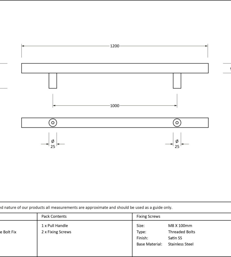 From The Anvil Satin SS (316) 1.2m T Bar Handle Bolt Fix 32mm Ø - Image 2