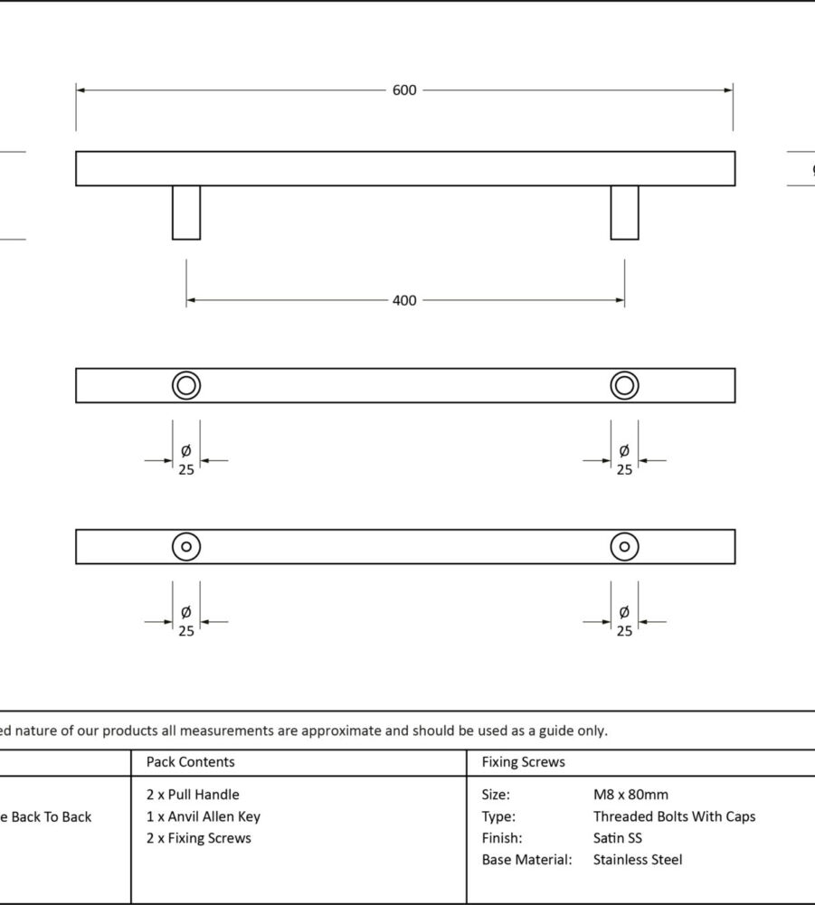 From The Anvil Polished SS (316) 0.6m T Bar Handle B2B Fix 32mm Ø - Image 2