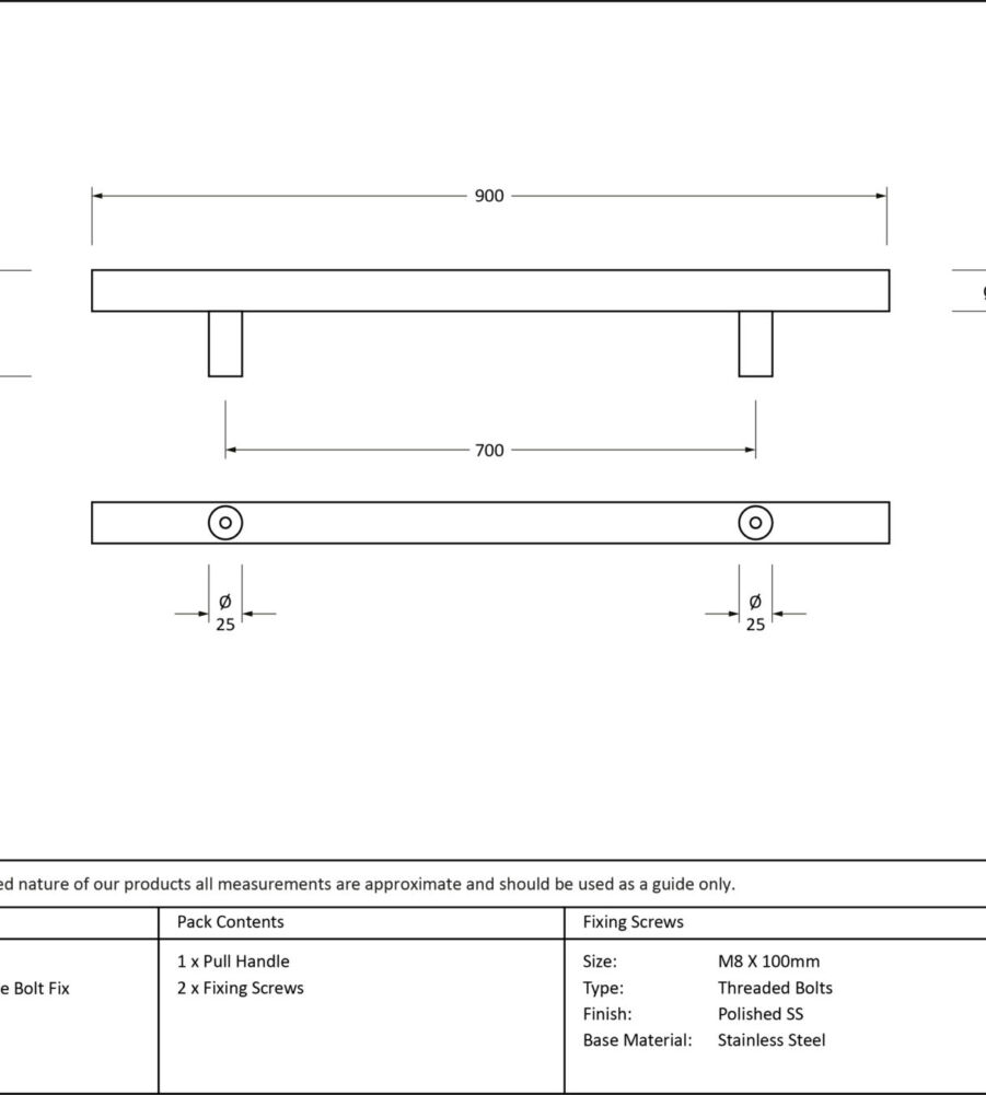 From The Anvil Polished SS (316) 0.9m T Bar Handle Bolt Fix 32mm Ø - Image 2