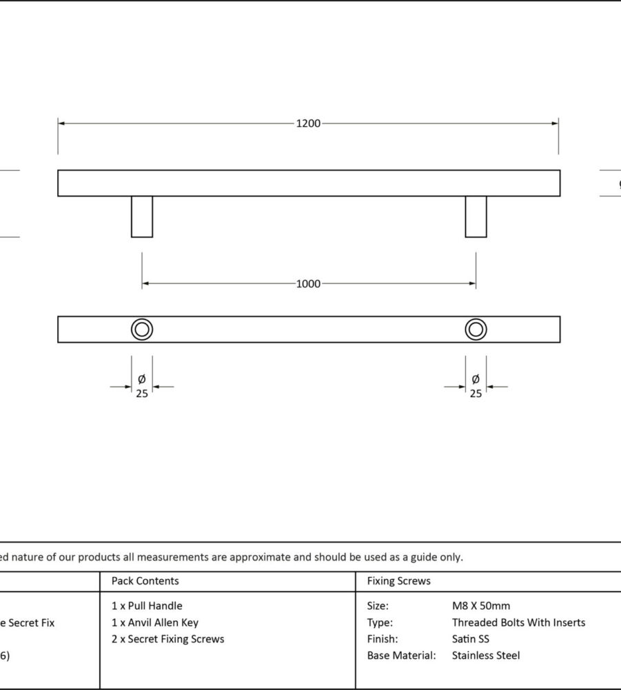 From The Anvil Matt Black SS (316) 1.2m T Bar Handle Secret Fix 32mm Ø - Image 2