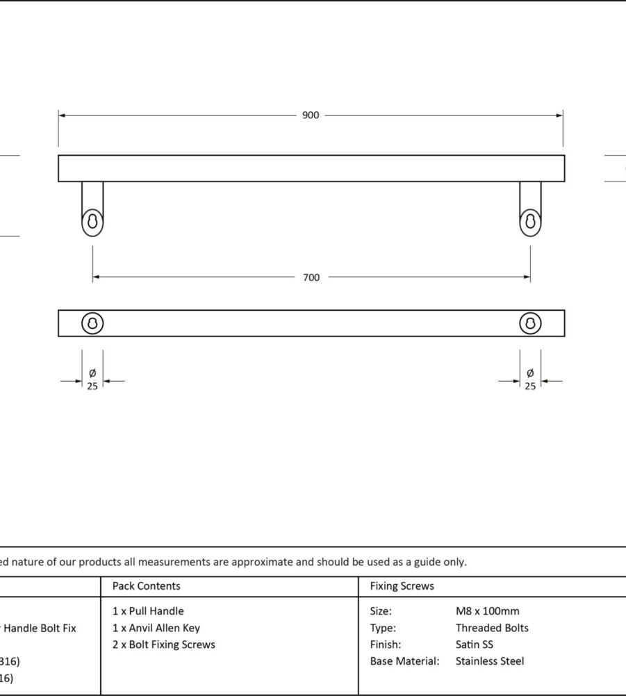 From The Anvil Satin Marine SS (316) 0.9m Offset T Bar Handle Bolt Fix 32mm - Image 2