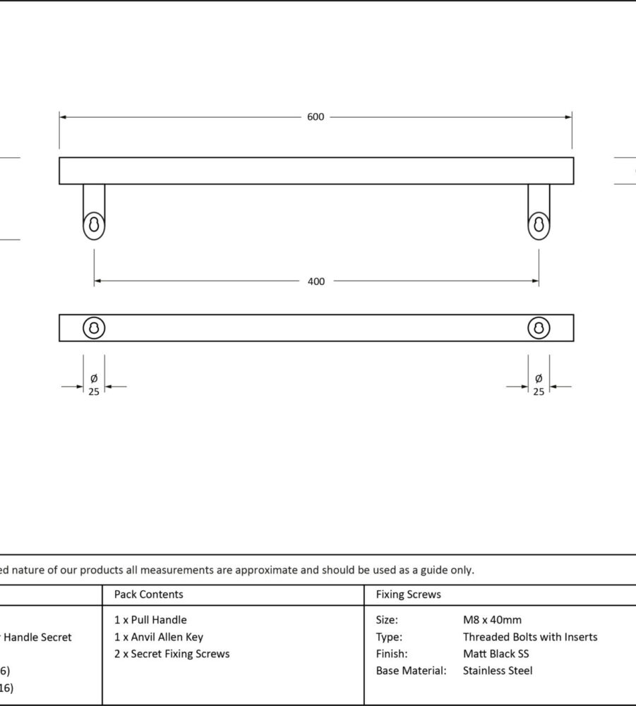 From The Anvil Matt Black (316) 0.6m Offset T Bar Handle Secret Fix 32mm - Image 2