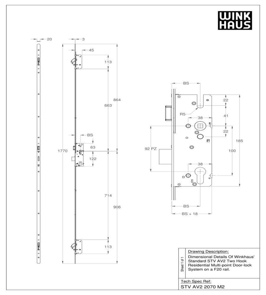 Winkhaus Auto Lock - 2559887 - 45/92 AV2-2 Hook RAD Left Hand 2070 20mm Faceplate - Image 2