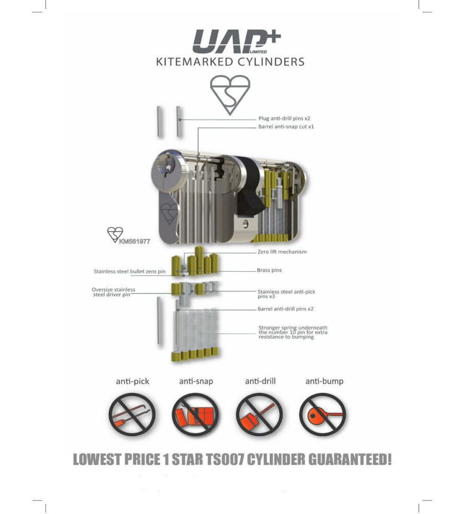 UAP Anti Snap 45/50 (95mm overall) Euro Profile Brass Cylinder Lock - Image 2