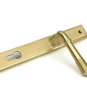 From The Anvil Satin Brass Reeded Slimline Lever Espag. Lock Set