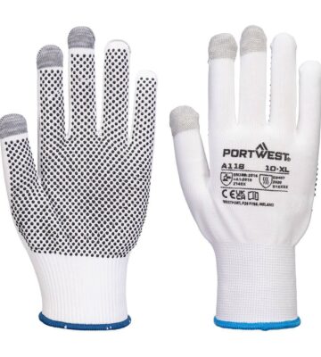 Portwest A118 Grip 13 PVC Dotted Touchscreen Glove (Pk12) – White/Grey